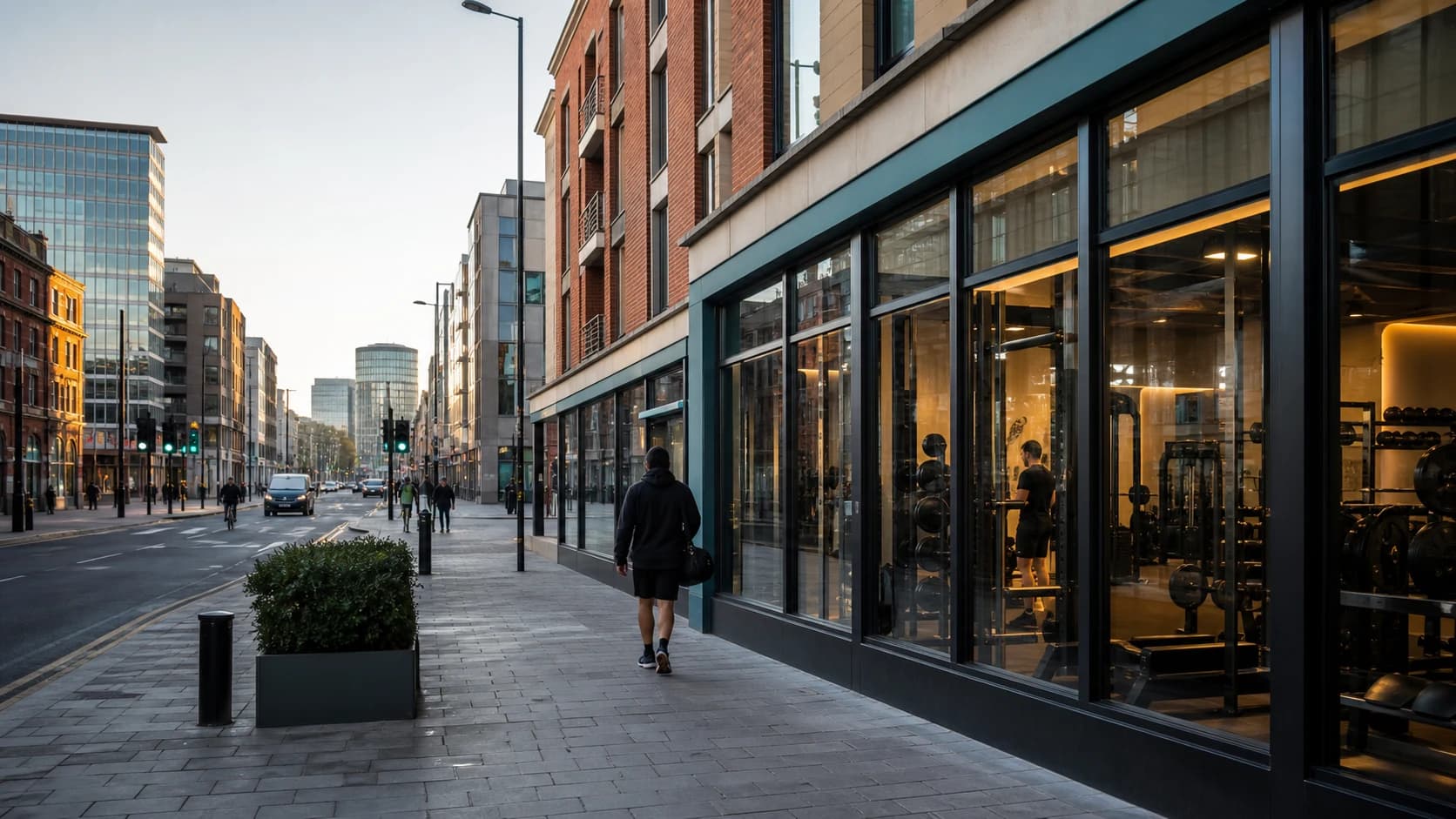 Editorial Birmingham city-centre streetscape beside a modern urban gym frontage for a budget-gym site-selection study