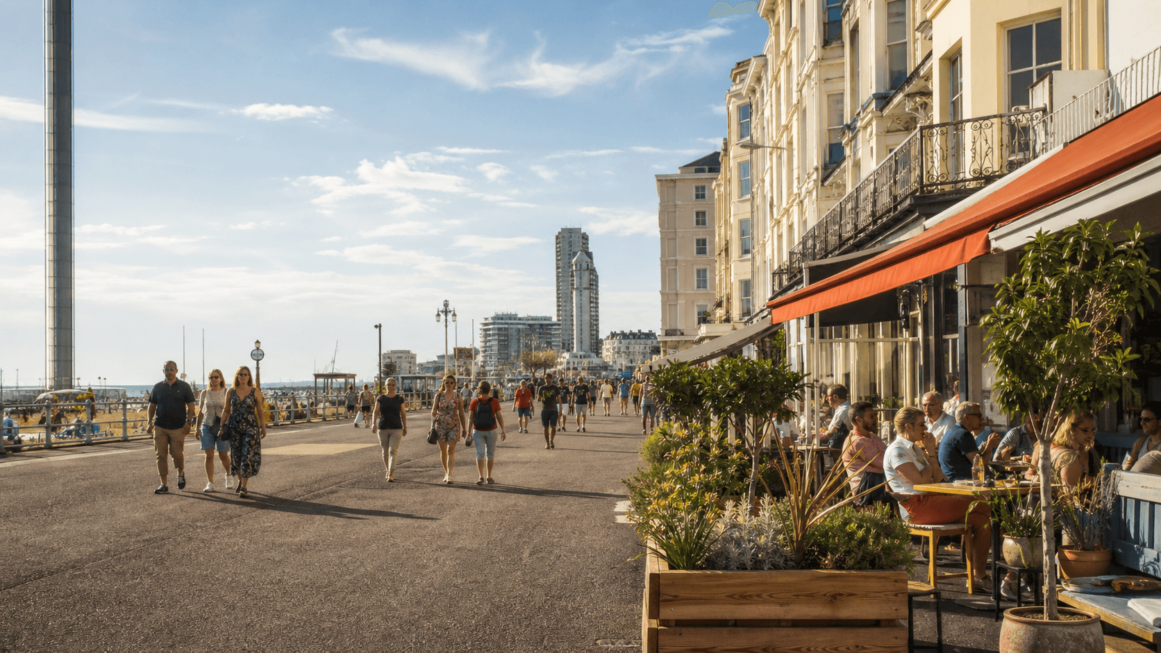 Brighton seafront with cafes and summer pedestrian foot traffic for a dessert cafe site selection study