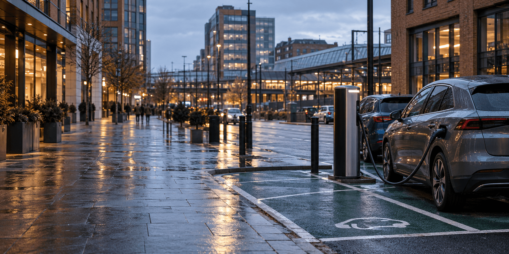 Illustrative editorial scene of an anonymised UK urban EV charging bay near a rail station; not a photograph of the measured site