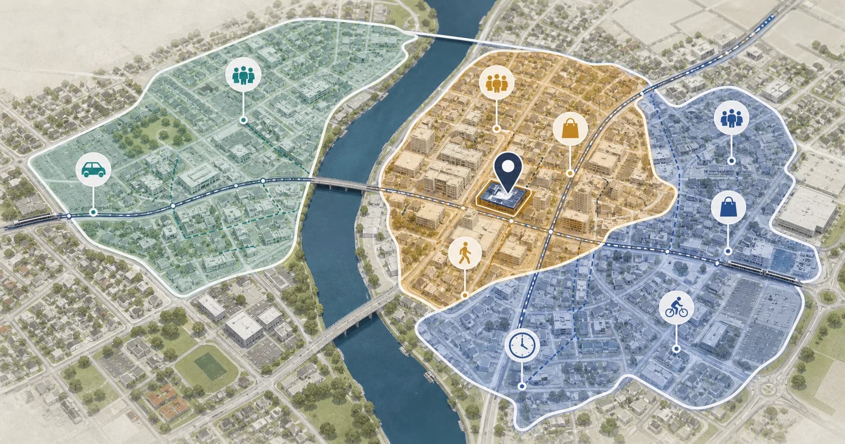 Editorial map illustration showing three market zones, a candidate site, roads, competitors, demographics and access routes