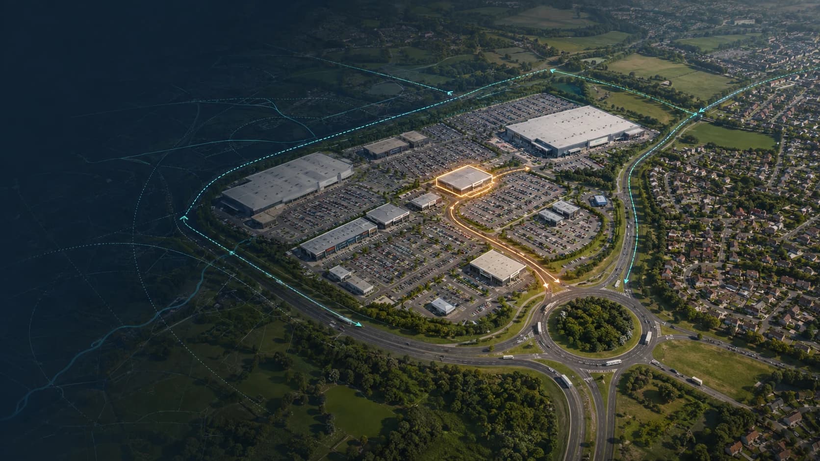 Aerial retail park with a highlighted candidate unit, catchment routes, anchors, parking areas and surrounding residential streets