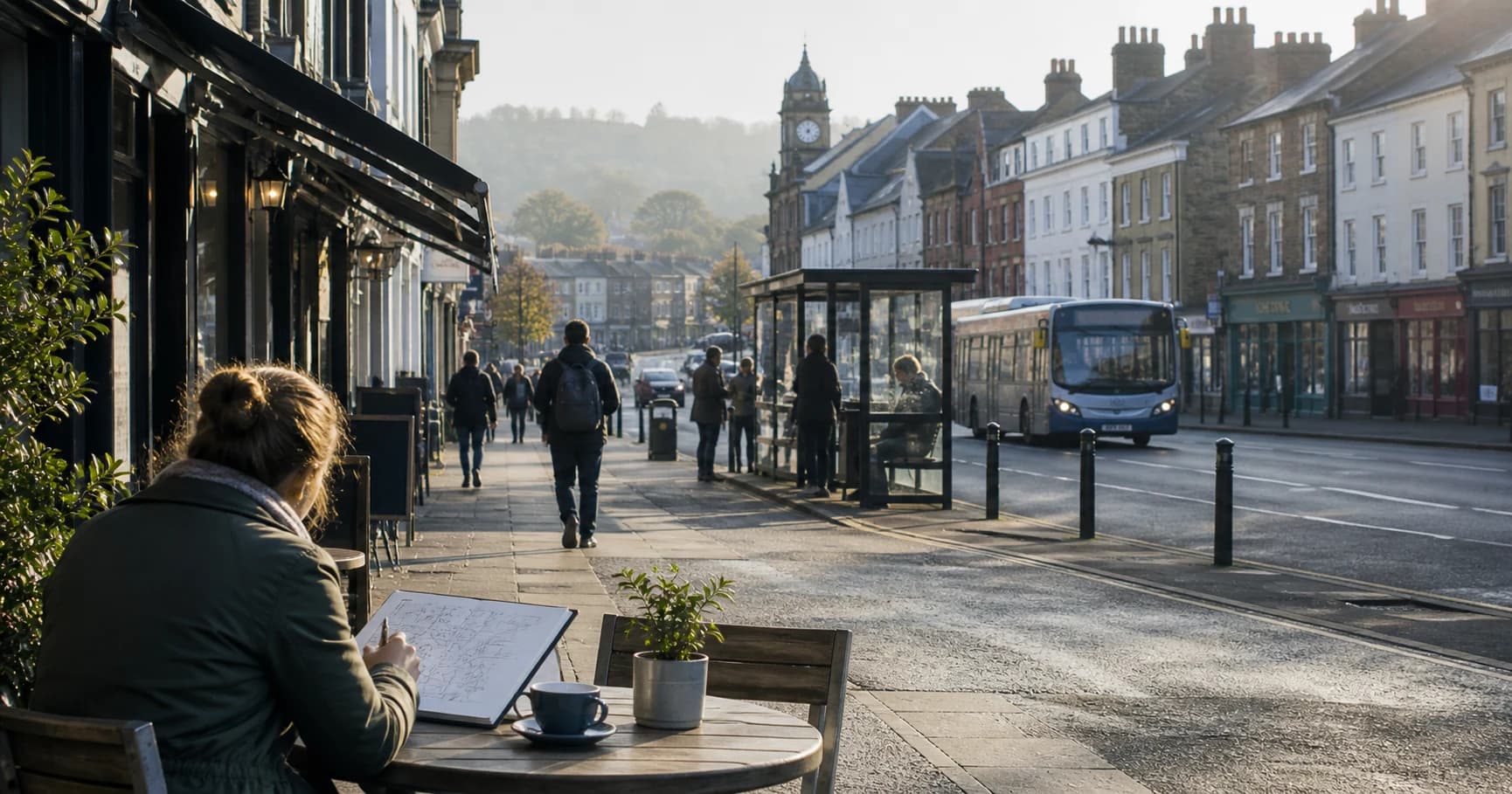 UK high street with cafes, pedestrians and public transport used for location research