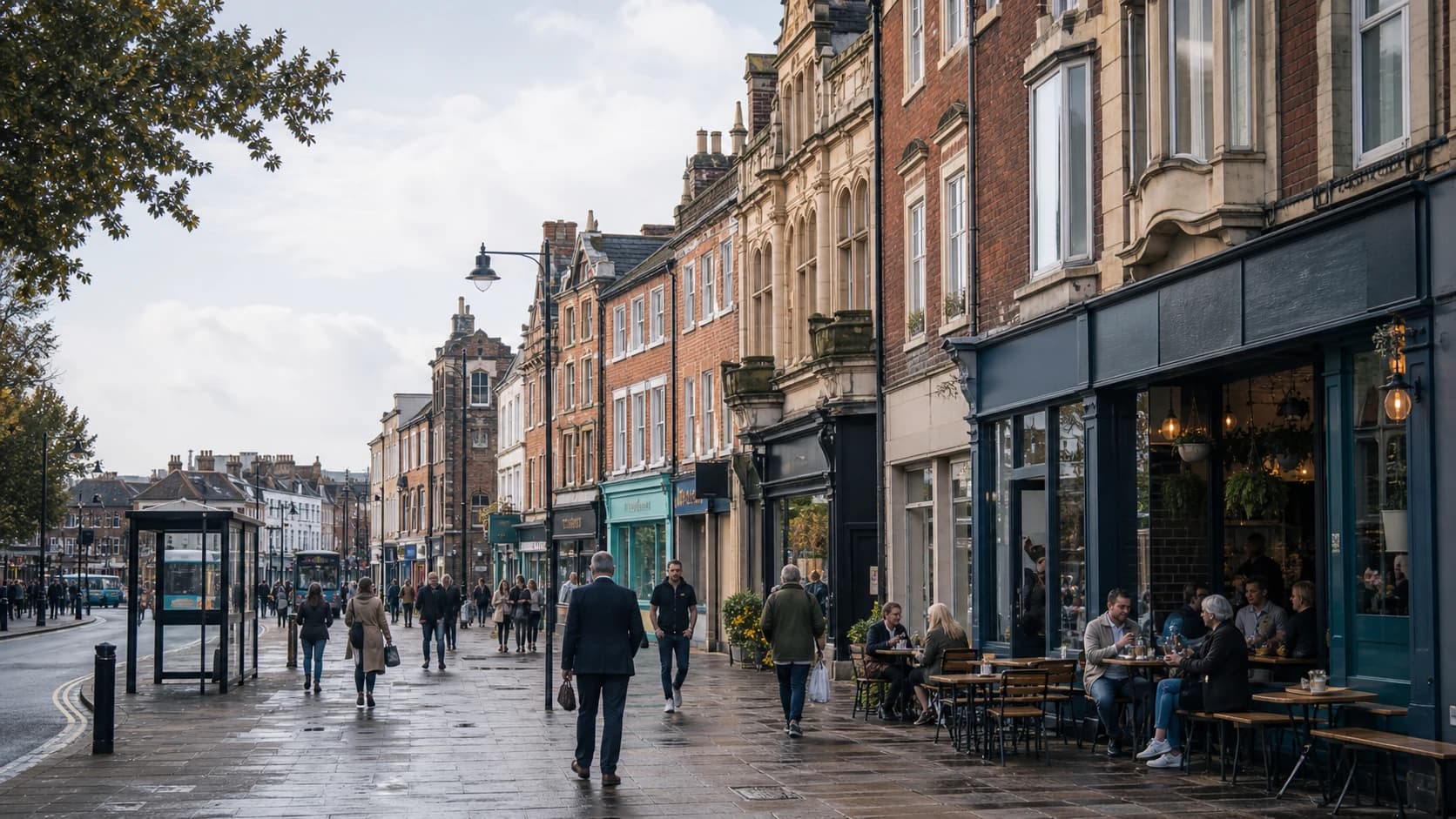 Editorial view of a British town-centre high street with independent cafes, pedestrians and a bus stop used to frame a coffee location study