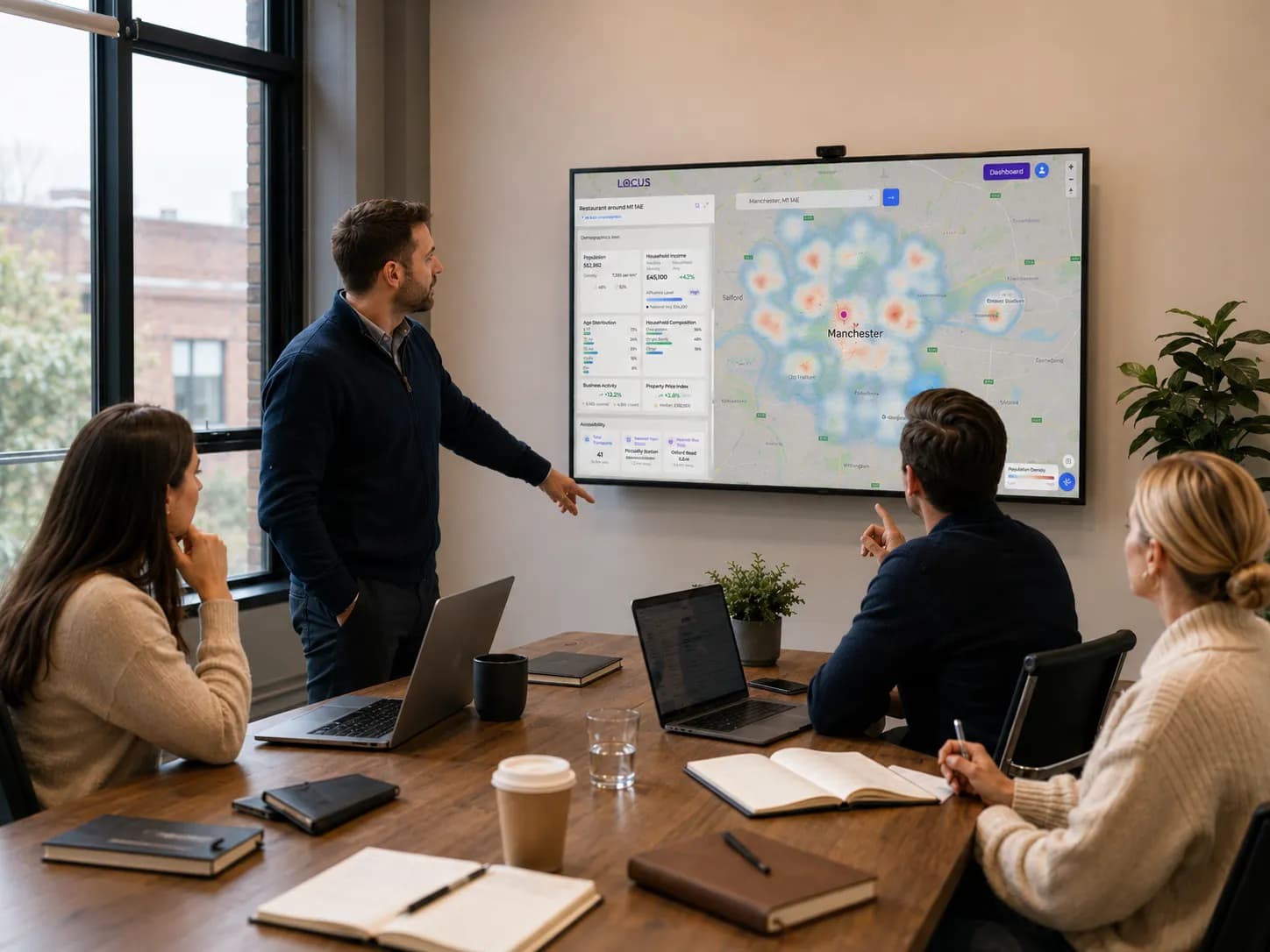 Franchise team reviewing a site selection checklist and territory map