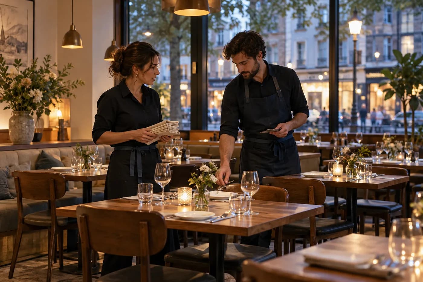 Restaurant staff preparing tables before the evening service