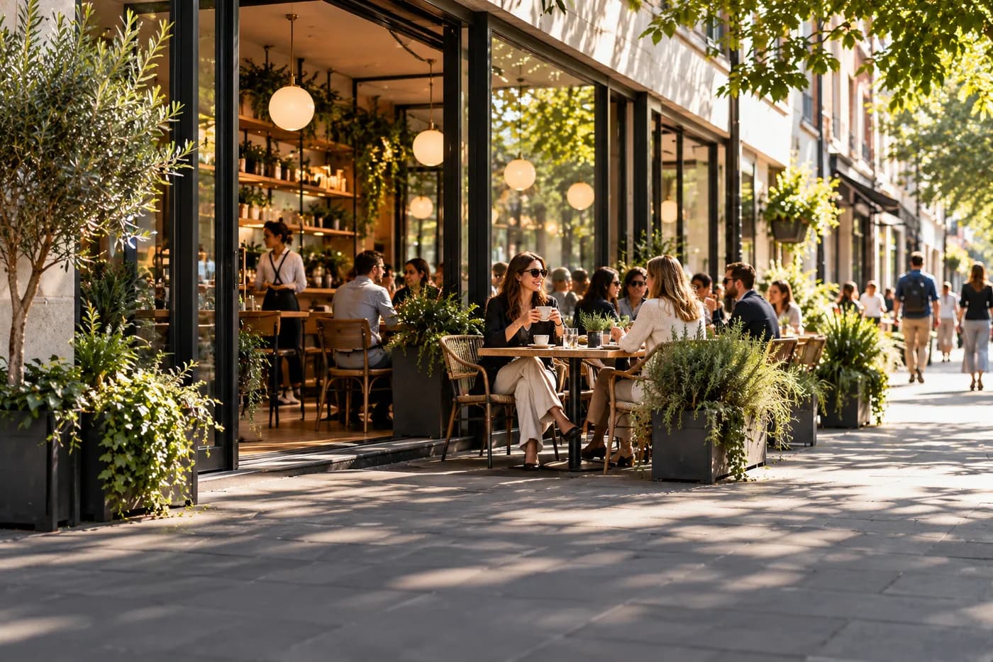 A lively neighbourhood café with an open frontage and terrace seating