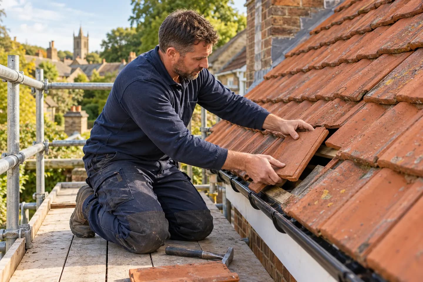 A roofing professional replacing tiles from a secure scaffold platform