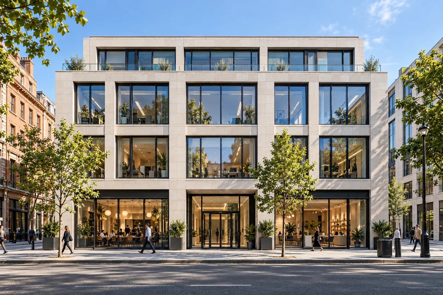 A contemporary commercial building with a glazed street frontage