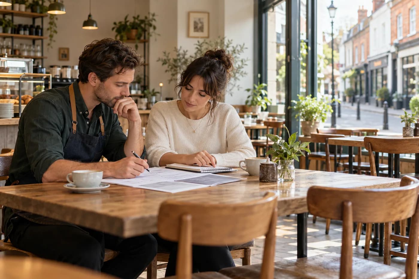 An entrepreneur reviewing a business plan before opening a neighbourhood café