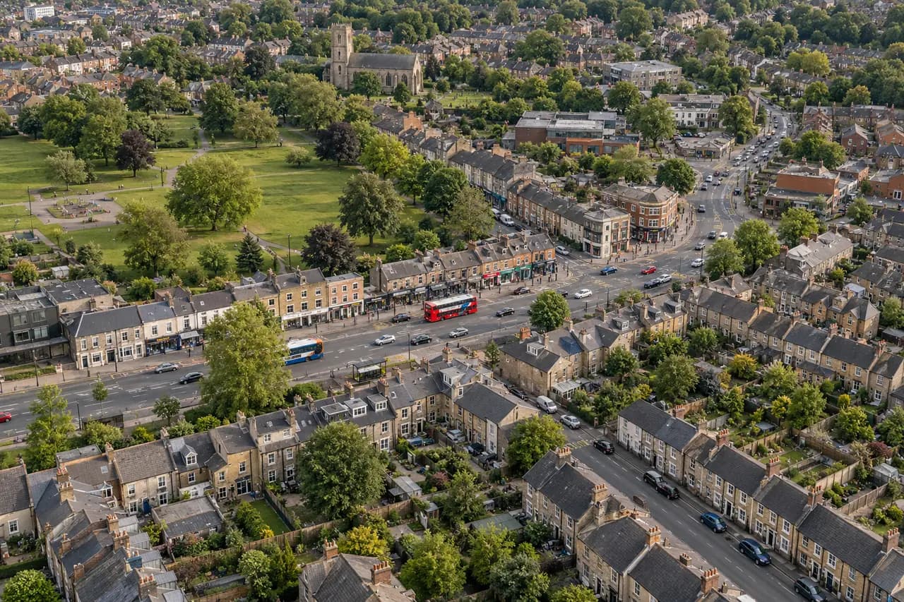 An aerial view of a mixed neighbourhood and its local streets