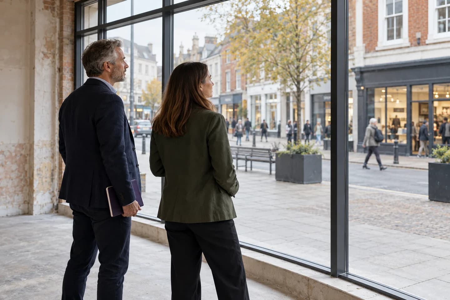A site-selection consultant and founder assessing the high street through a vacant shopfront