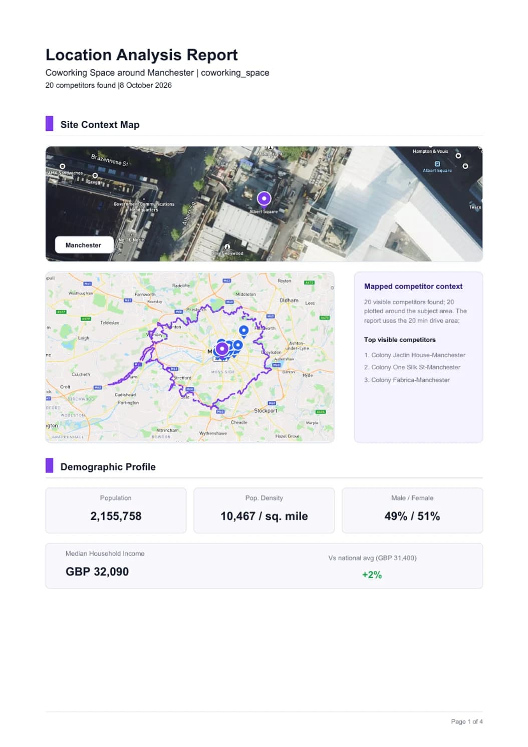 First page of the Manchester coworking location report, showing the site context map and competitor catchment