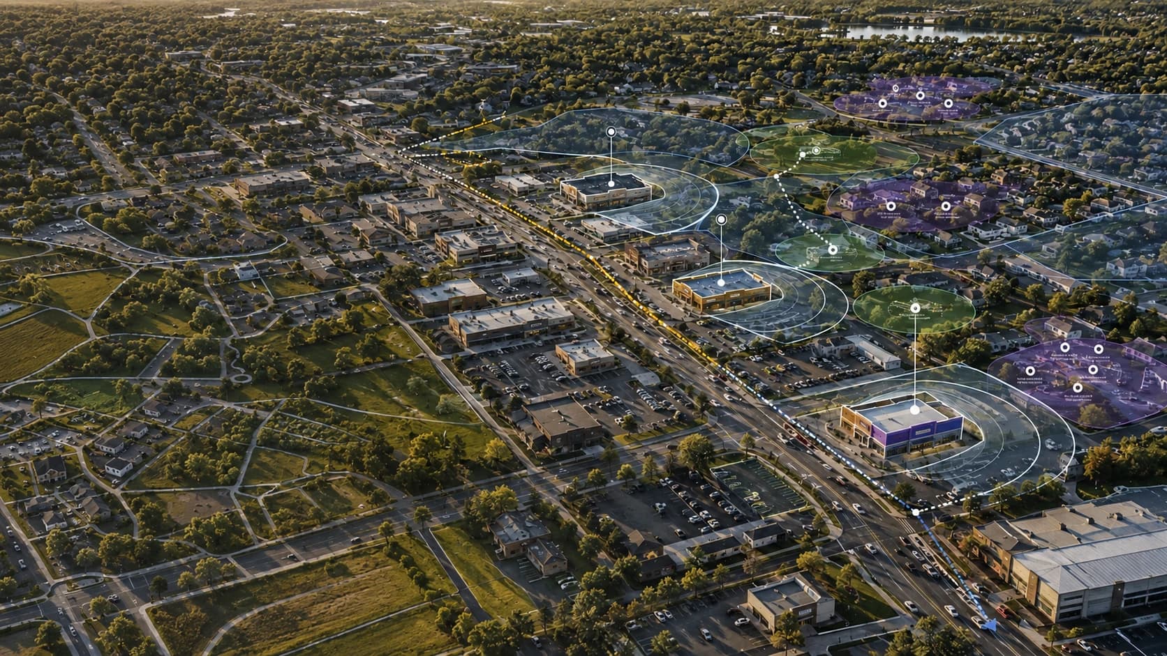 Aerial retail corridor with candidate stores, catchment overlays, competitor clusters and access routes for location software evaluation