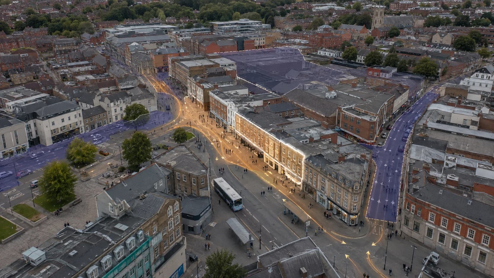 Aerial retail corridor with pedestrian flow, catchment zones, and access routes around a candidate store area