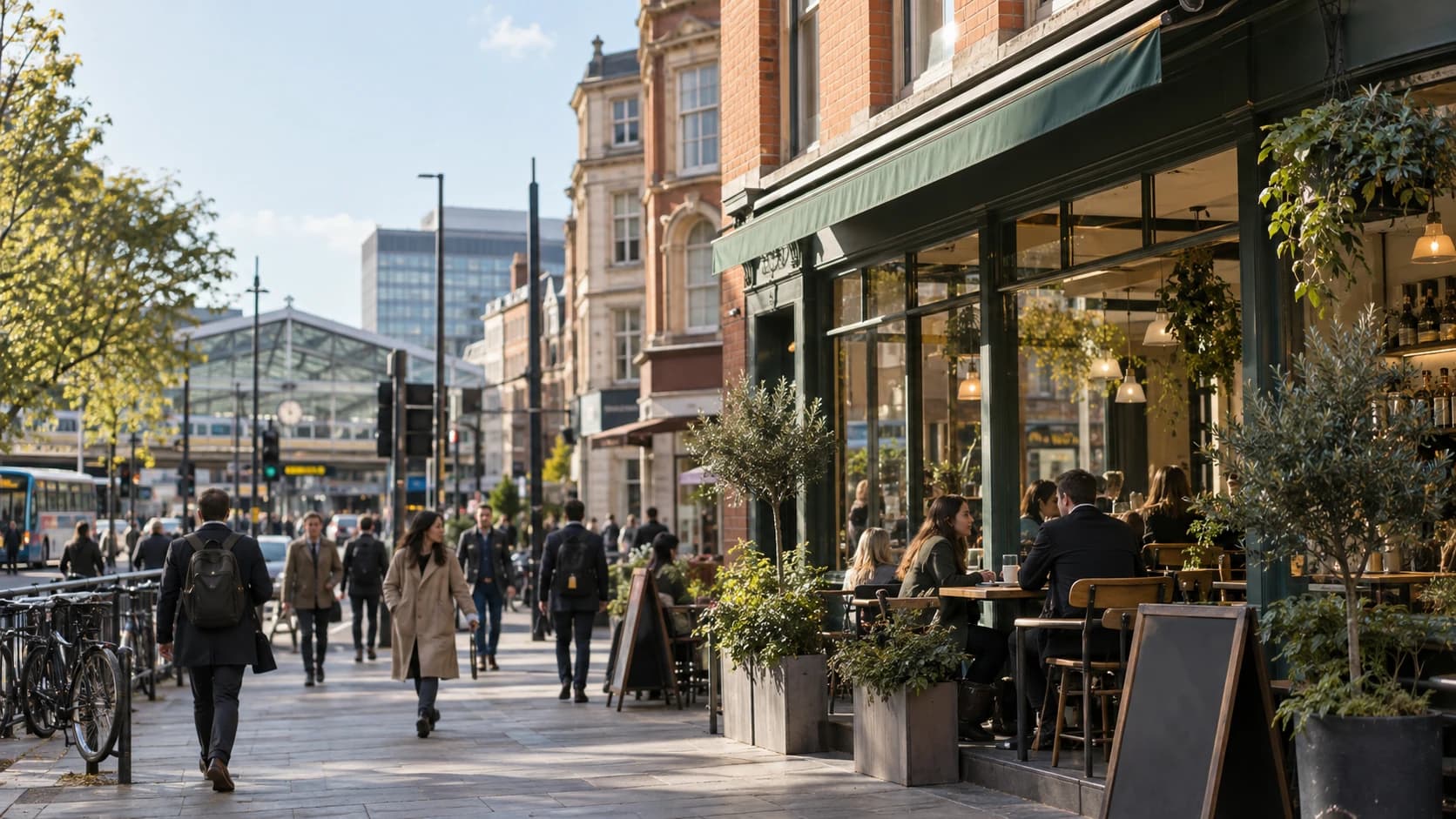 Illustrative editorial scene of an anonymized UK city-centre brunch café and surrounding transport street