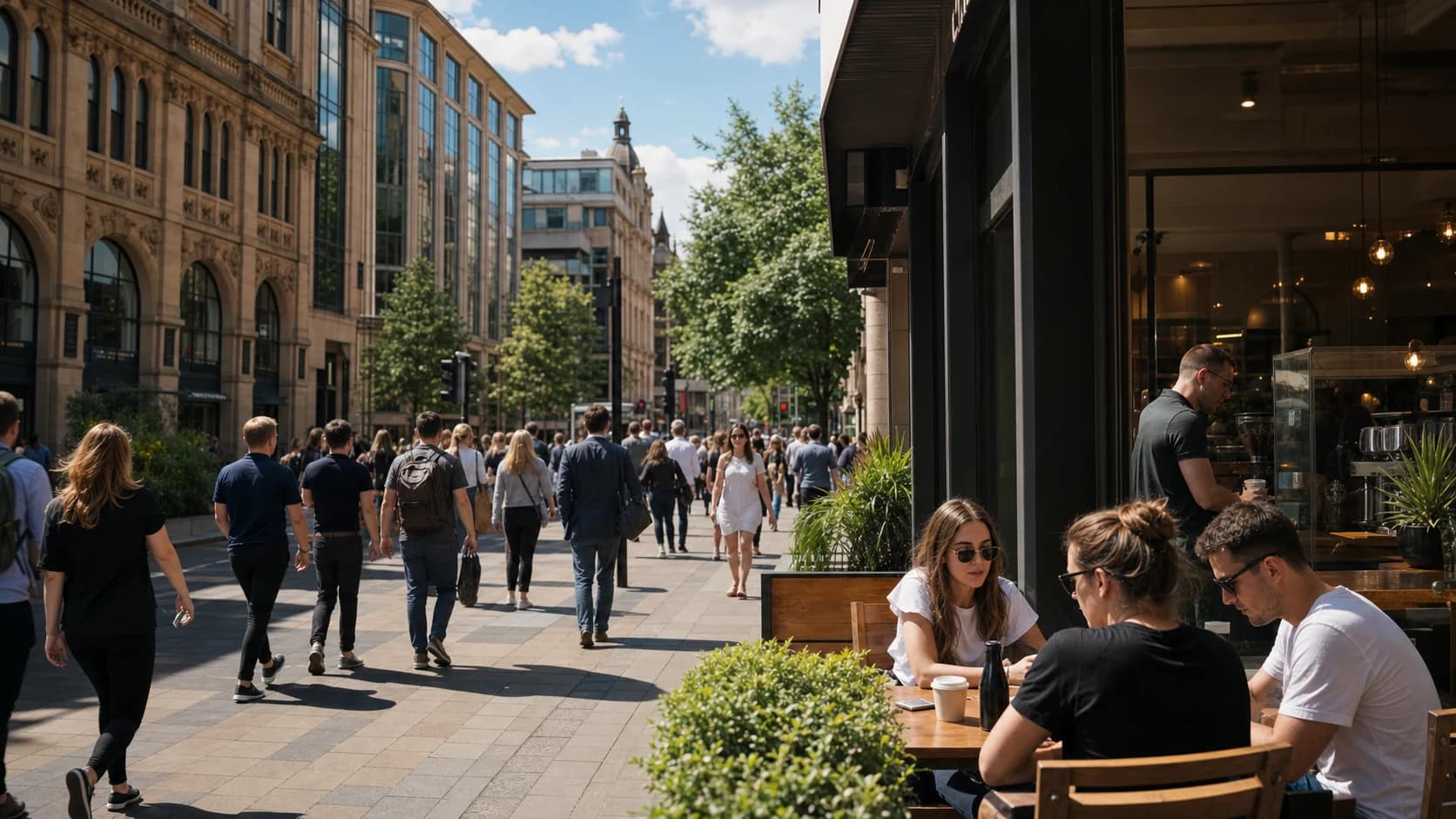 Manchester city centre pedestrian street with coffee shop tables for a cafe site selection study