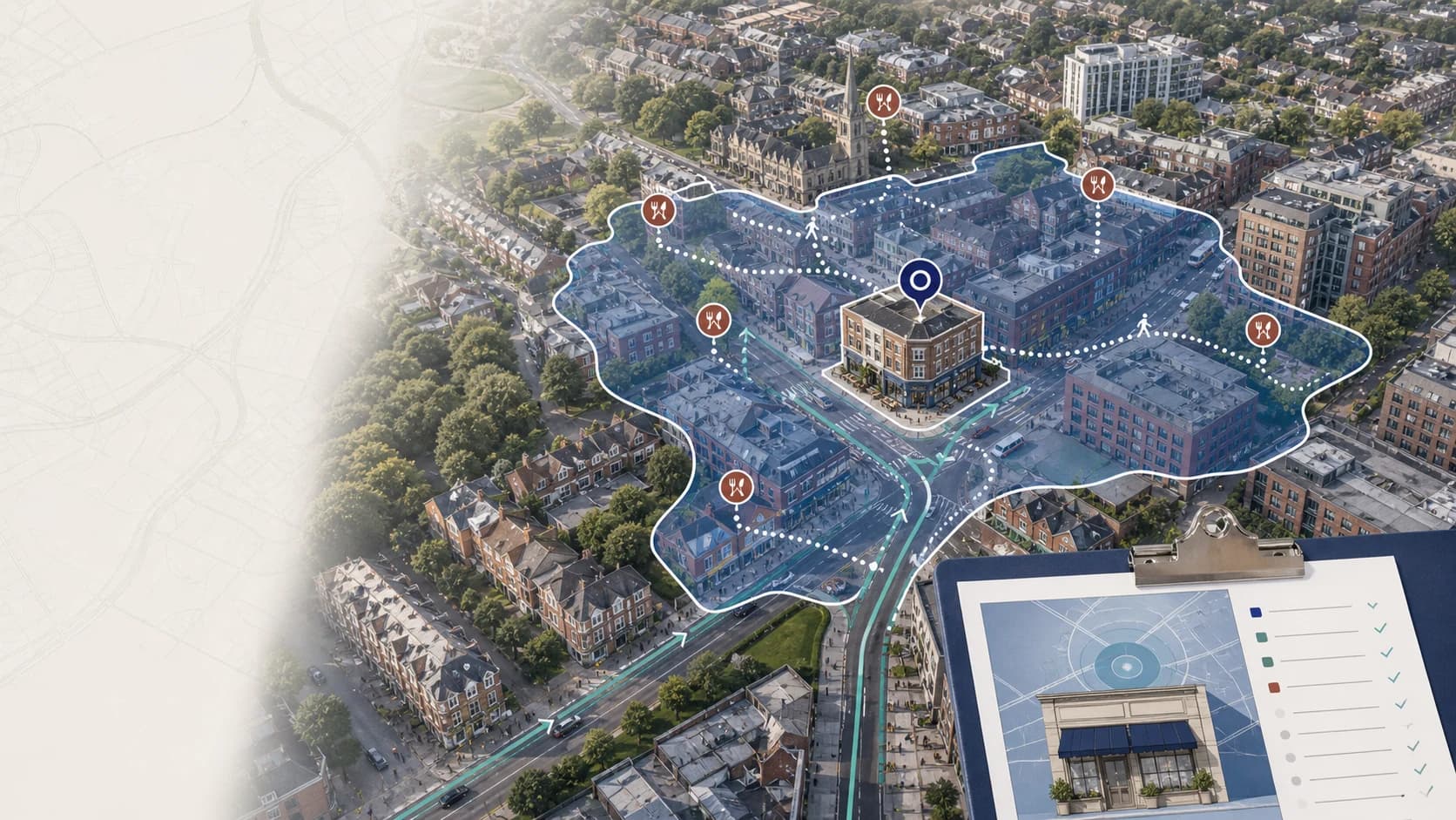 Editorial aerial map illustration of a candidate restaurant site, catchment boundary, competitor restaurants, access routes, and site-selection evidence