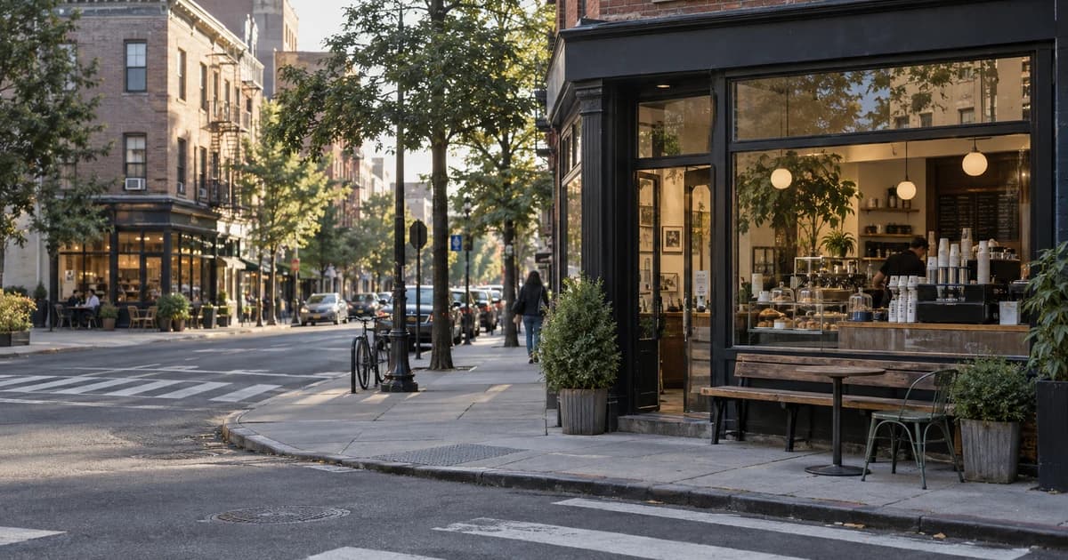 Editorial illustration of two coffee shops at a US-style neighborhood intersection; not a photographed study site