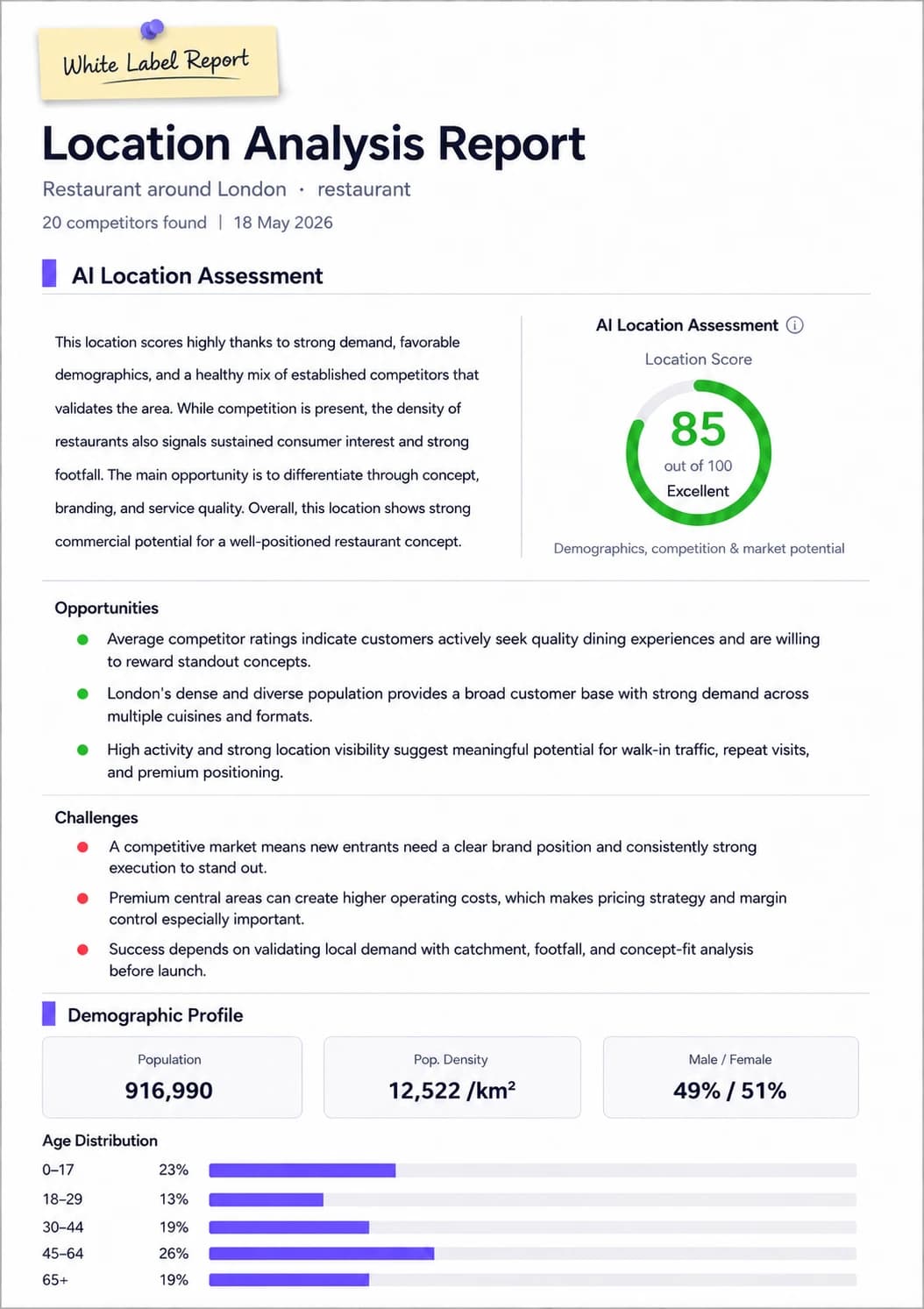 White-label location analysis report with AI location assessment, opportunities, challenges, and demographic profile