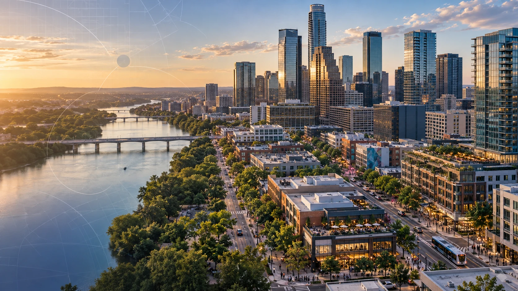 Aerial editorial view of Austin-inspired urban retail and restaurant district.