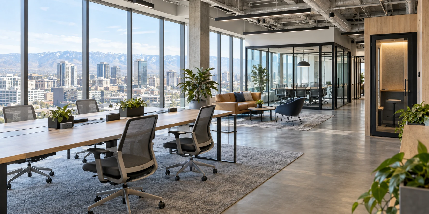 Illustrative editorial view of a modern coworking space; generated image, not a photograph of the measured study site.