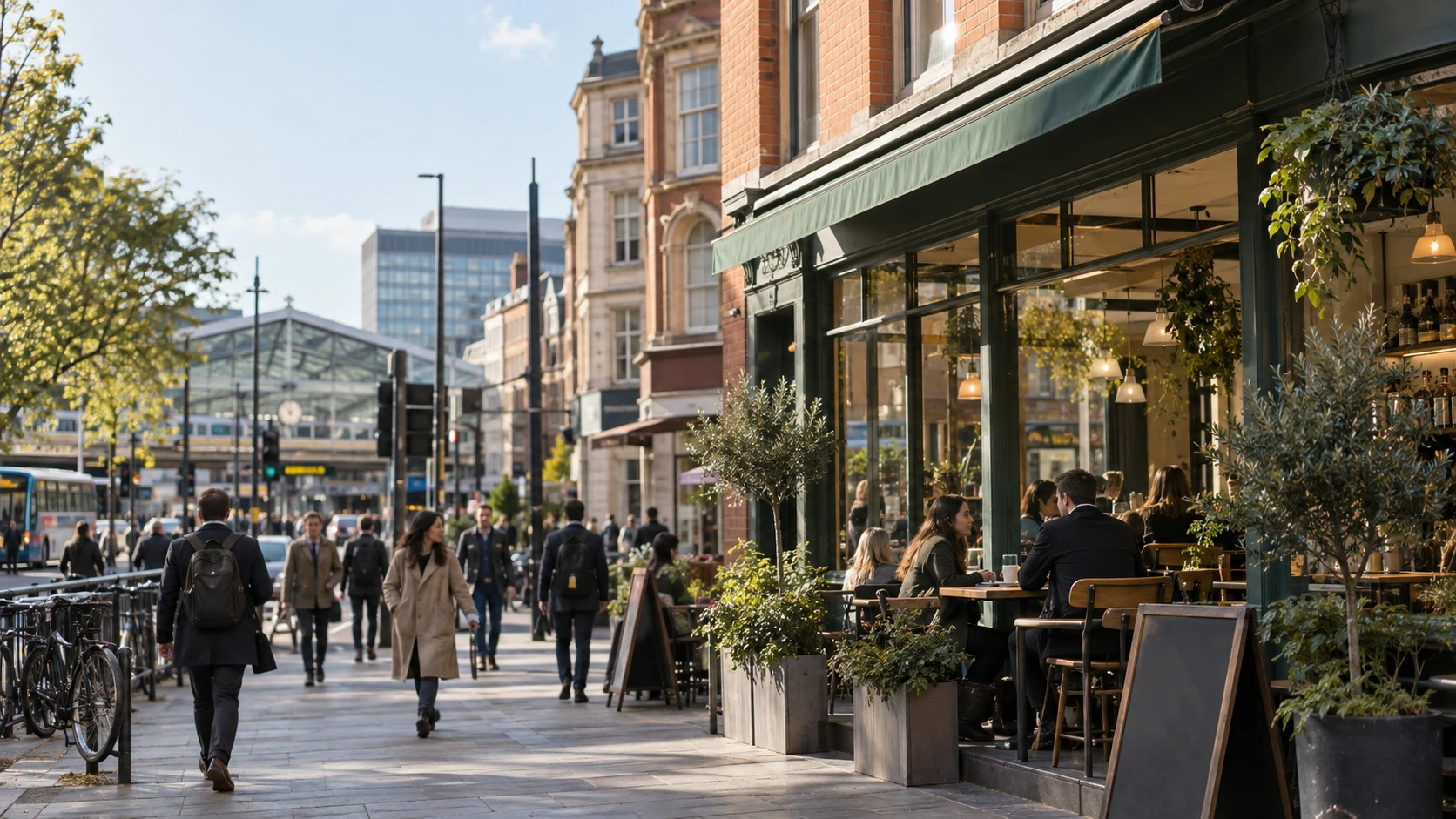 Illustrative editorial scene of an anonymized UK city-centre brunch café; generated image, not a photograph of the measured study site.