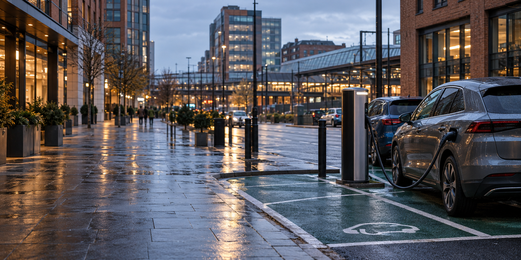 Illustrative editorial scene of an anonymised UK urban EV charging bay near a rail station; generated image, not a photograph of the measured site.