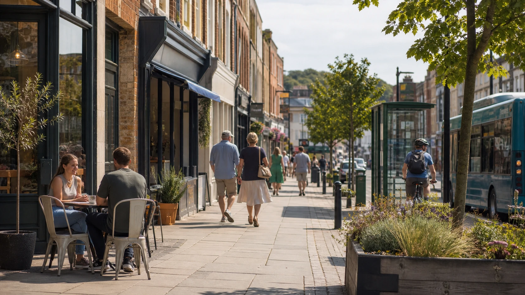 Editorial British town-centre high street with cafes, pedestrians, a bus stop and cycle movement.